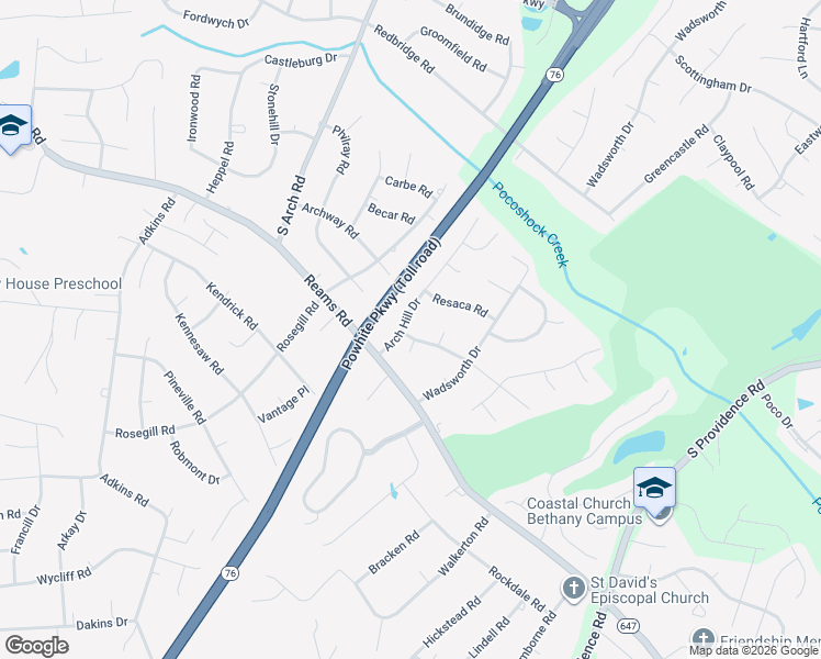 map of restaurants, bars, coffee shops, grocery stores, and more near 1131 Arch Hill Drive in Richmond