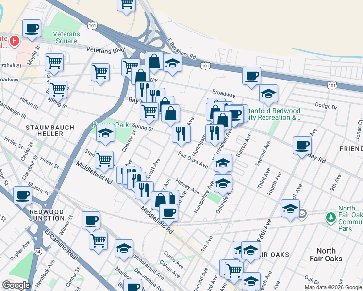 map of restaurants, bars, coffee shops, grocery stores, and more near 788 Douglas Avenue in Redwood City