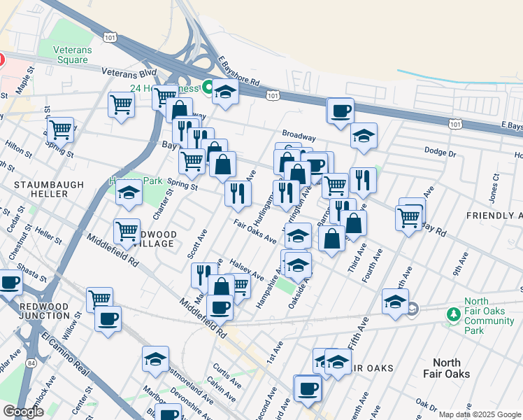 map of restaurants, bars, coffee shops, grocery stores, and more near 791 Hurlingame Avenue in Redwood City