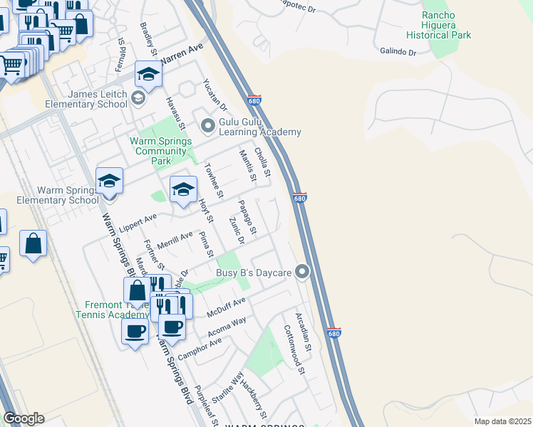 map of restaurants, bars, coffee shops, grocery stores, and more near 47618 Wabana Common in Fremont
