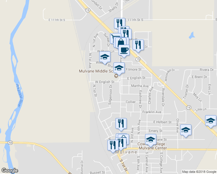 map of restaurants, bars, coffee shops, grocery stores, and more near 707 Edgemoor Drive in Mulvane
