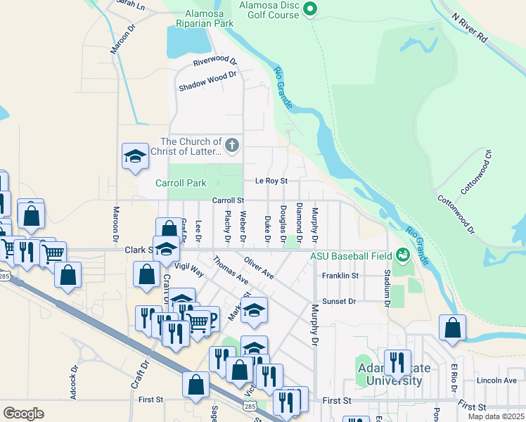 map of restaurants, bars, coffee shops, grocery stores, and more near 751 Duke Drive in Alamosa