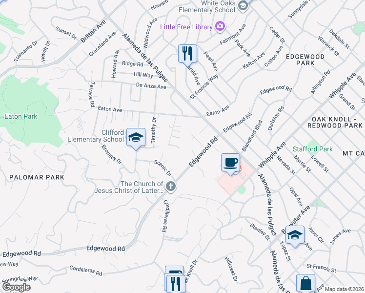 map of restaurants, bars, coffee shops, grocery stores, and more near 21 Lamshin Lane in San Carlos