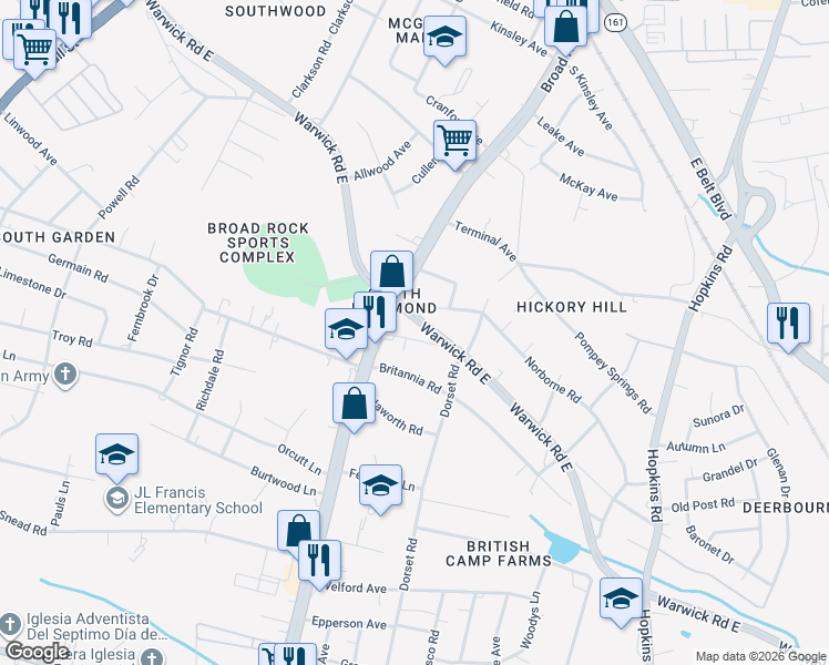 map of restaurants, bars, coffee shops, grocery stores, and more near 4606 Old Warwick Road in Richmond