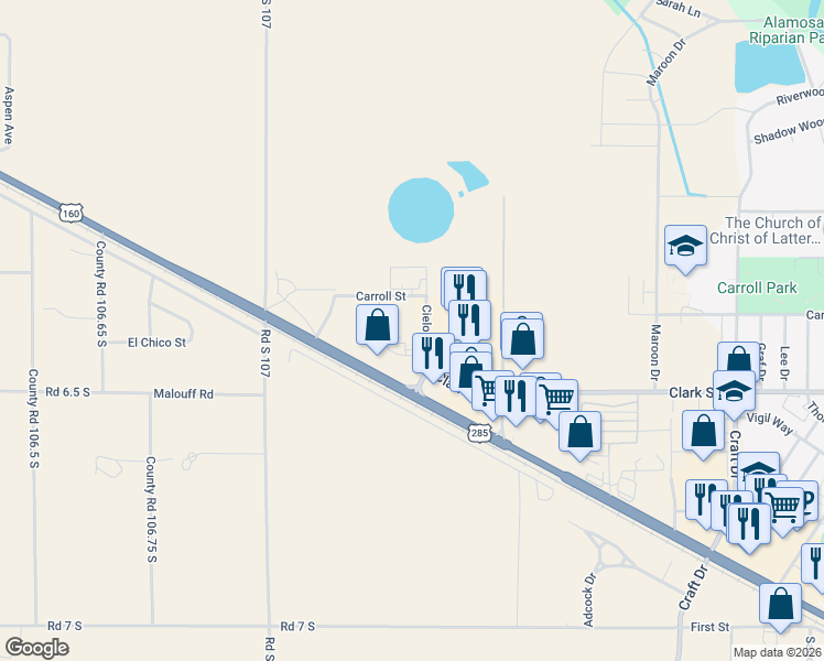 map of restaurants, bars, coffee shops, grocery stores, and more near 3415 Mariposa Street in Alamosa