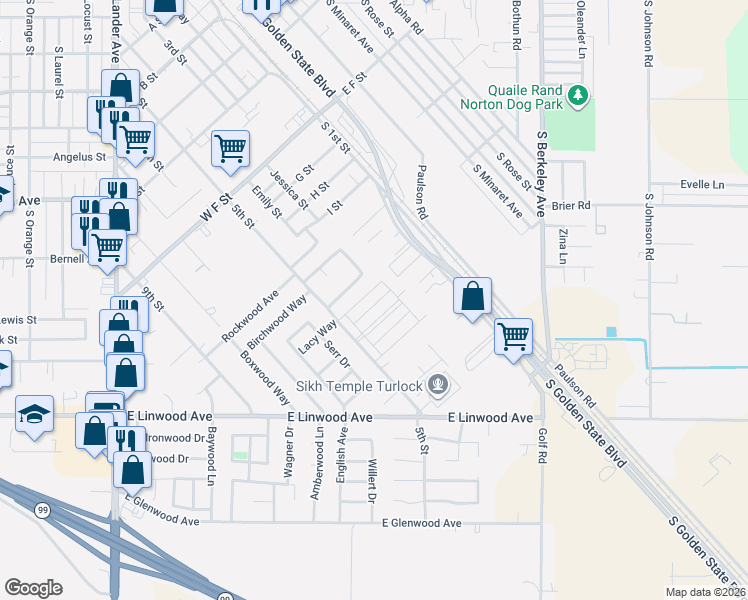 map of restaurants, bars, coffee shops, grocery stores, and more near 452 Villa Woods Drive in Turlock