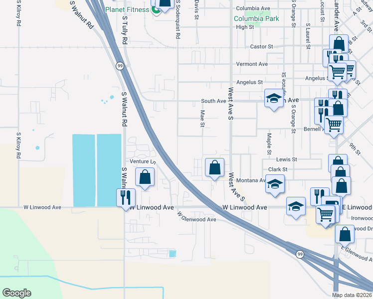 map of restaurants, bars, coffee shops, grocery stores, and more near 1142 South Soderquist Road in Turlock