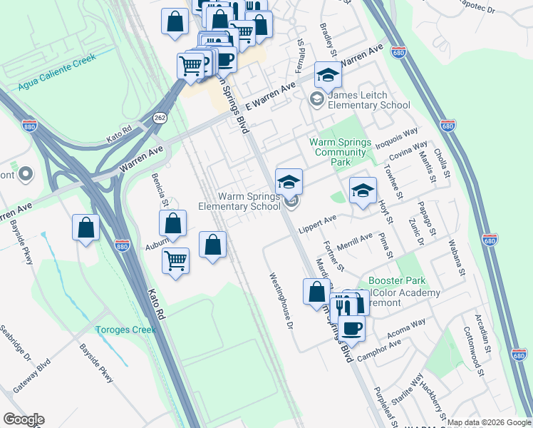 map of restaurants, bars, coffee shops, grocery stores, and more near 47385 Warm Springs Boulevard in Fremont