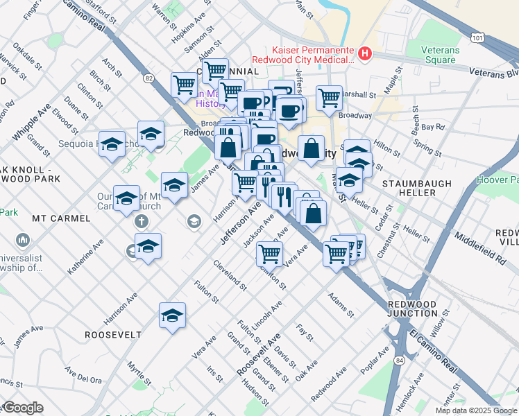 map of restaurants, bars, coffee shops, grocery stores, and more near 130 Jackson Avenue in Redwood City