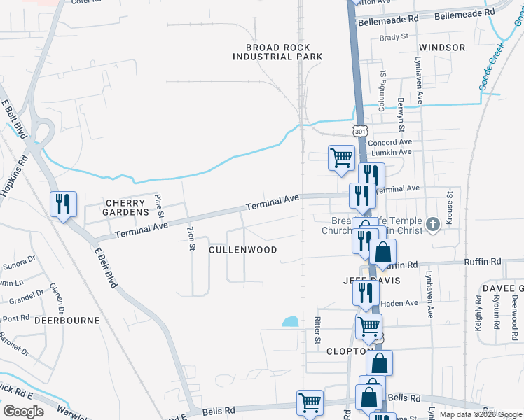 map of restaurants, bars, coffee shops, grocery stores, and more near 2901 Terminal Avenue in Richmond
