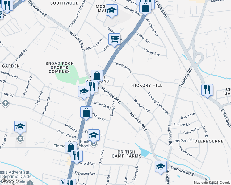map of restaurants, bars, coffee shops, grocery stores, and more near 4508 Warwick Road in Richmond