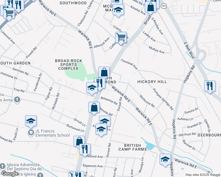 map of restaurants, bars, coffee shops, grocery stores, and more near 4606 Old Warwick Road in Richmond
