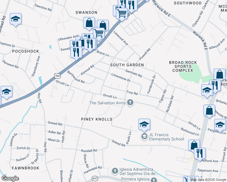 map of restaurants, bars, coffee shops, grocery stores, and more near 5419 Troy Road in Richmond