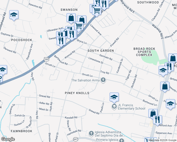 map of restaurants, bars, coffee shops, grocery stores, and more near 5526 Orcutt Lane in Richmond