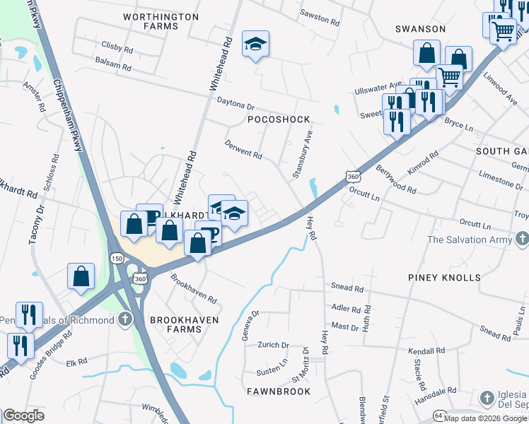 map of restaurants, bars, coffee shops, grocery stores, and more near 6110 Hull Street Road in Richmond