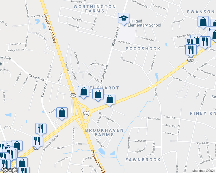 map of restaurants, bars, coffee shops, grocery stores, and more near 6434 Elkhardt Road in Richmond