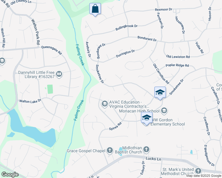 map of restaurants, bars, coffee shops, grocery stores, and more near 500 Smoketree Place in Richmond