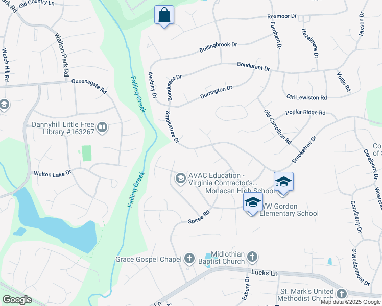 map of restaurants, bars, coffee shops, grocery stores, and more near 500 Smoketree Place in Richmond