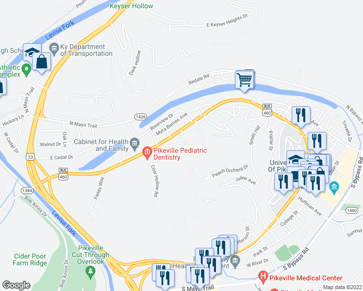 map of restaurants, bars, coffee shops, grocery stores, and more near 144 Perry Street in Pikeville