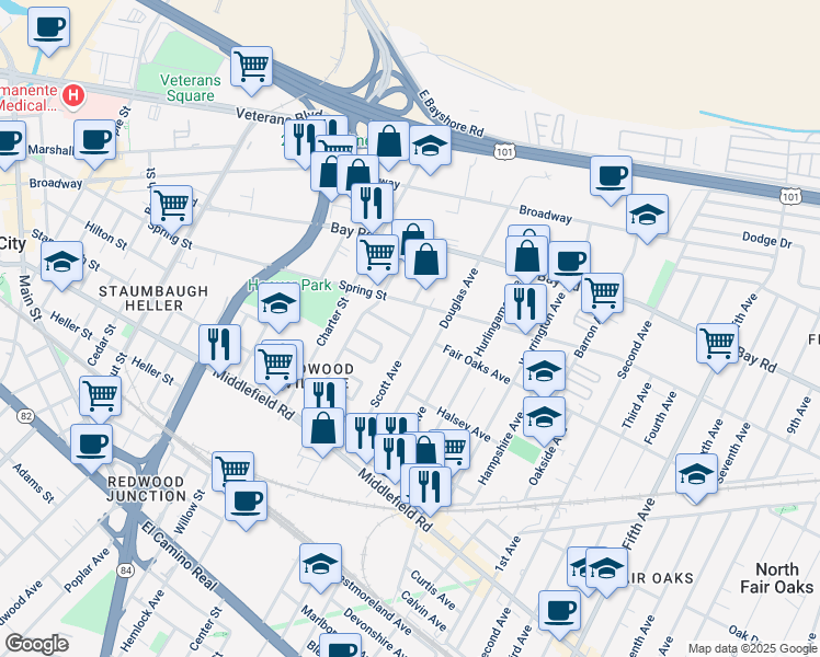 map of restaurants, bars, coffee shops, grocery stores, and more near 707 Scott Avenue in Redwood City