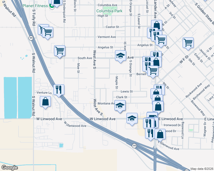 map of restaurants, bars, coffee shops, grocery stores, and more near 655 Jordan Ave in Turlock