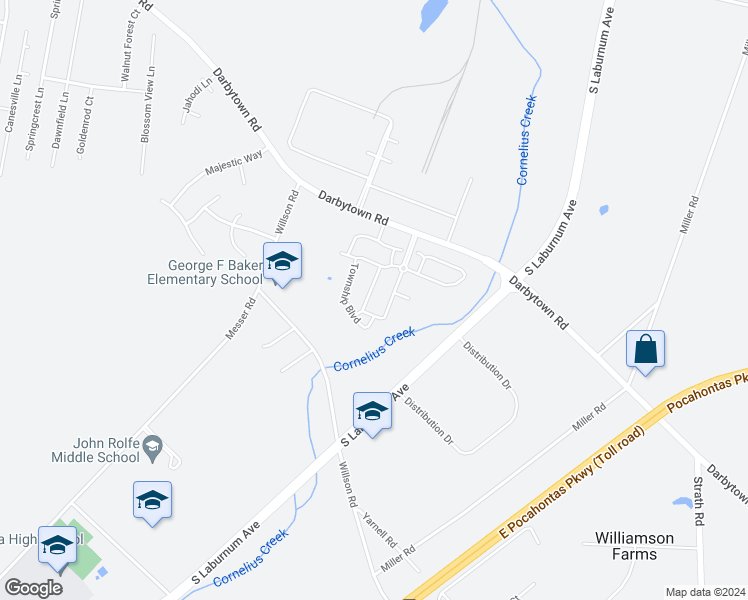 map of restaurants, bars, coffee shops, grocery stores, and more near 115 New Harvest Drive in Henrico