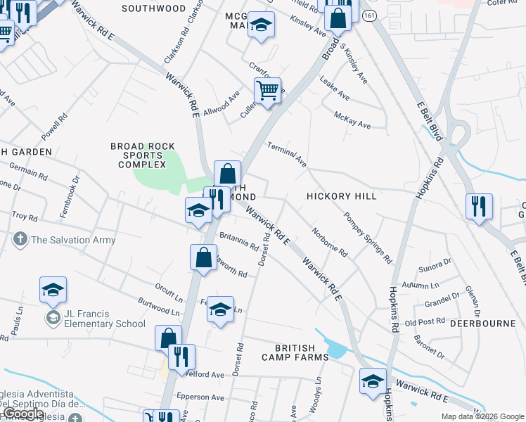 map of restaurants, bars, coffee shops, grocery stores, and more near 4508 Warwick Road in Richmond