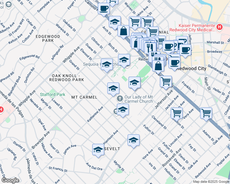 map of restaurants, bars, coffee shops, grocery stores, and more near 278 Fulton Street in Redwood City