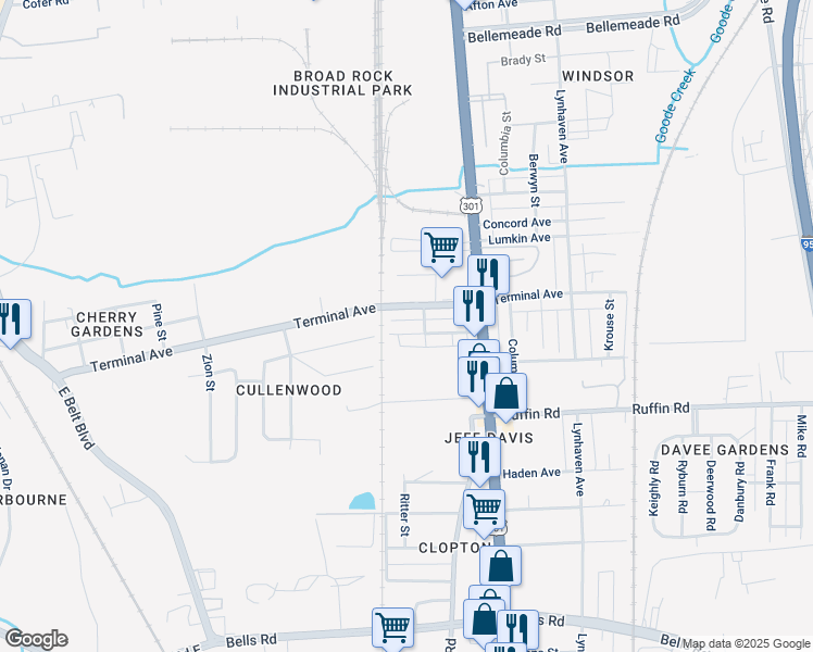 map of restaurants, bars, coffee shops, grocery stores, and more near 2707 Lochaven Boulevard in Richmond