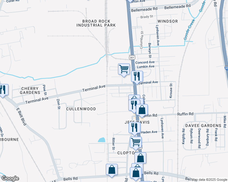 map of restaurants, bars, coffee shops, grocery stores, and more near 2707 Lochaven Boulevard in Richmond