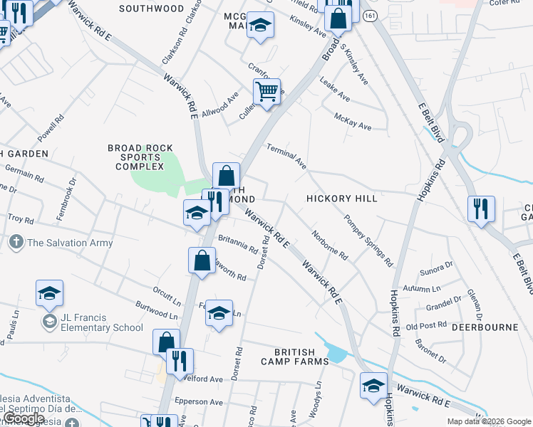 map of restaurants, bars, coffee shops, grocery stores, and more near 4508 Warwick Road in Richmond