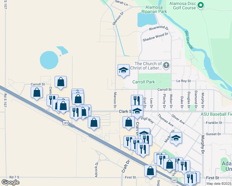 map of restaurants, bars, coffee shops, grocery stores, and more near in Alamosa