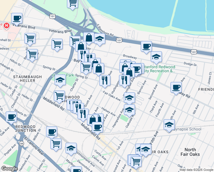 map of restaurants, bars, coffee shops, grocery stores, and more near 788 Douglas Avenue in Redwood City