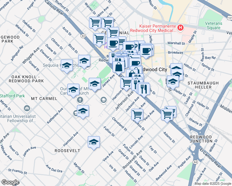 map of restaurants, bars, coffee shops, grocery stores, and more near 242 Harrison Avenue in Redwood City