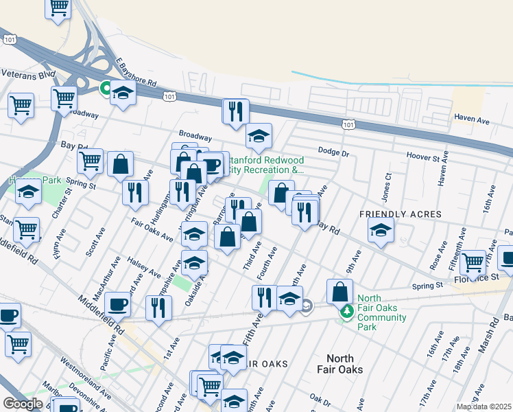 map of restaurants, bars, coffee shops, grocery stores, and more near 877 Second Avenue in Redwood City