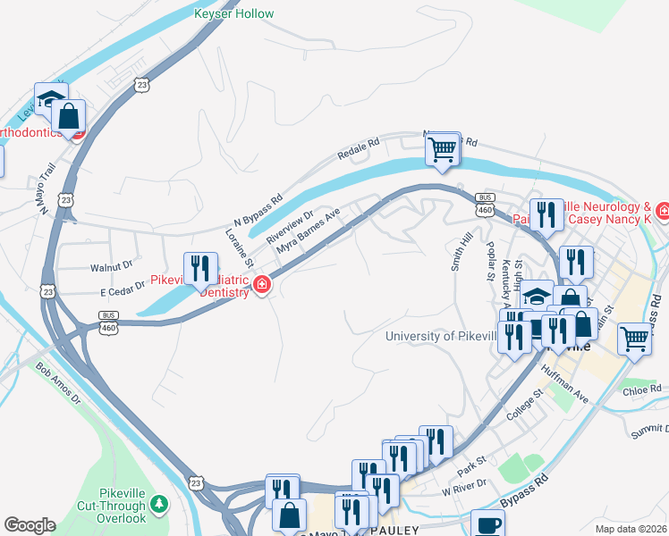 map of restaurants, bars, coffee shops, grocery stores, and more near 144 Perry Street in Pikeville