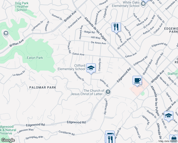 map of restaurants, bars, coffee shops, grocery stores, and more near 225 Clifford Avenue in Redwood City