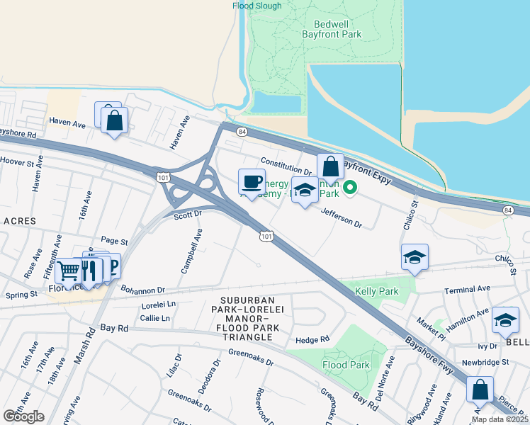 map of restaurants, bars, coffee shops, grocery stores, and more near 190 Independence Drive in Menlo Park