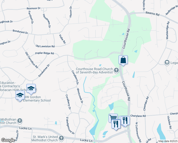 map of restaurants, bars, coffee shops, grocery stores, and more near 11107 May Apple Terrace in Chesterfield County