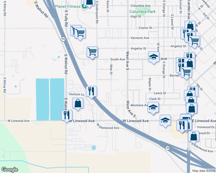 map of restaurants, bars, coffee shops, grocery stores, and more near 1125 Mae Street in Turlock