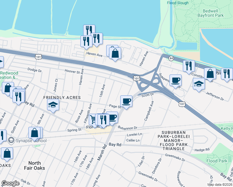 map of restaurants, bars, coffee shops, grocery stores, and more near 1149 18th Avenue in Redwood City