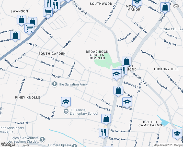 map of restaurants, bars, coffee shops, grocery stores, and more near 5037 Bryce Lane in Richmond