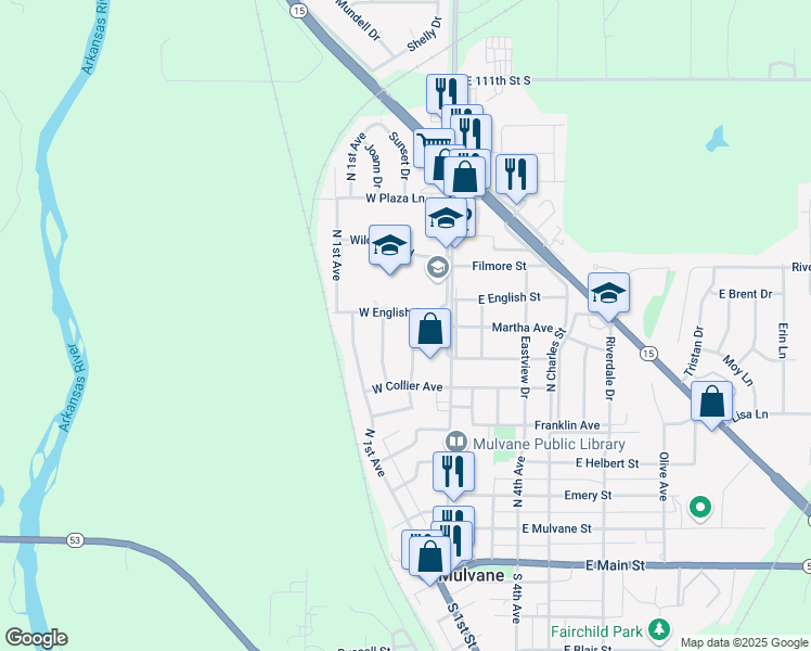 map of restaurants, bars, coffee shops, grocery stores, and more near 707 Edgemoor Dr in Mulvane