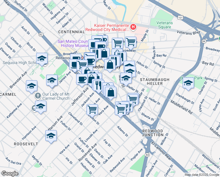 map of restaurants, bars, coffee shops, grocery stores, and more near 113 Monroe Street in Redwood City