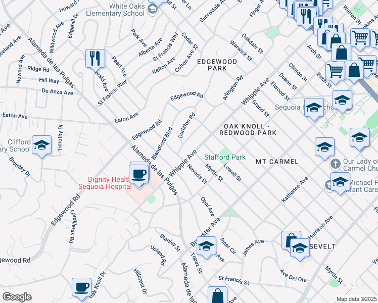 map of restaurants, bars, coffee shops, grocery stores, and more near 2304 Whipple Avenue in Redwood City