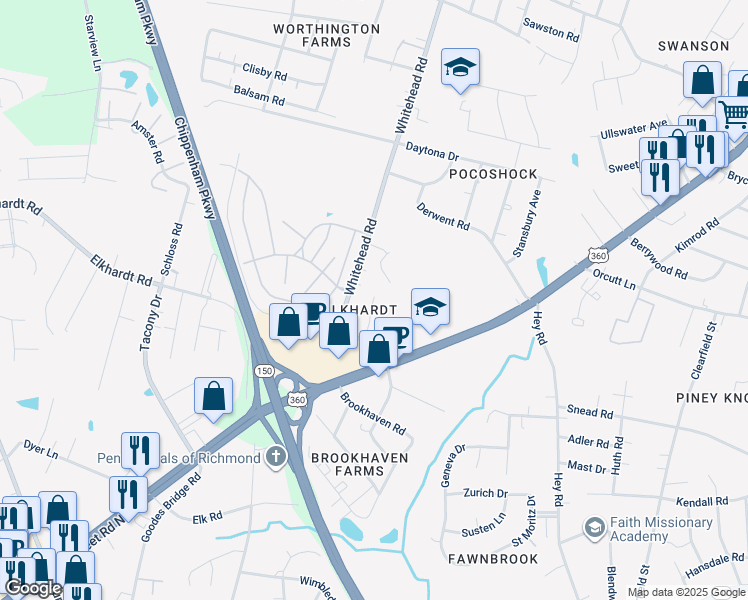 map of restaurants, bars, coffee shops, grocery stores, and more near 6426 Elkhardt Road in Richmond