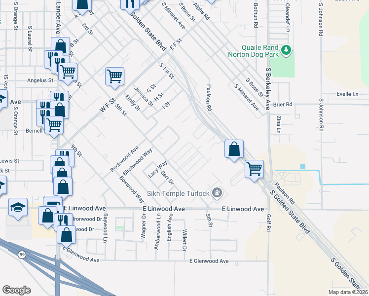 map of restaurants, bars, coffee shops, grocery stores, and more near 452 Villa Woods Drive in Turlock