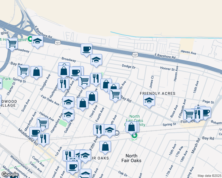 map of restaurants, bars, coffee shops, grocery stores, and more near 3183 Bay Road in Redwood City