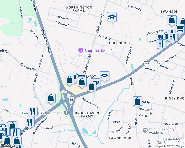 map of restaurants, bars, coffee shops, grocery stores, and more near 6434 Elkhardt Road in Richmond