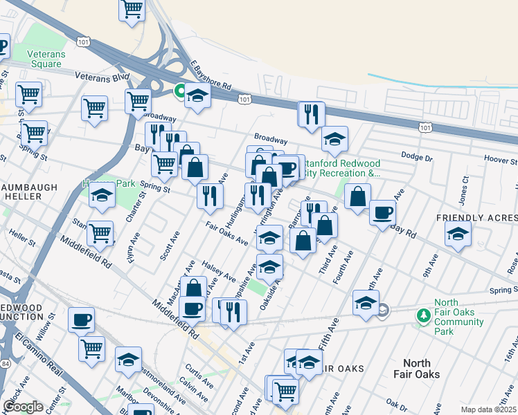 map of restaurants, bars, coffee shops, grocery stores, and more near 2790 Spring Street in Redwood City